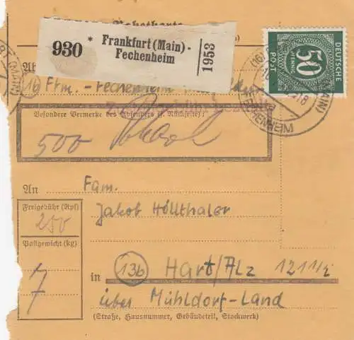 Paketkarte 1948: Frankfurt nach Hart über Mühldorf-Land