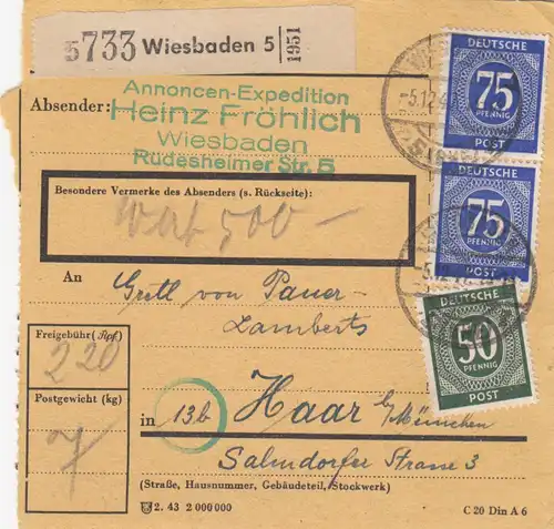 Paketkarte 1947: Wiesbaden nach Haar, Wertpaketkarte