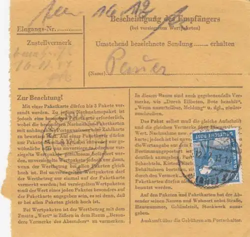 Carte de paquet 1947: Wiesbaden par cheveux, carte de prix