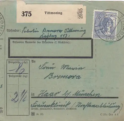 Paketkarte 1948: Tittmoning nach Haar, Frauenklinik, seltenes Formular