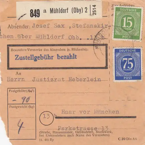 Paketkarte 1947: Mühldorf nach Haar vor München