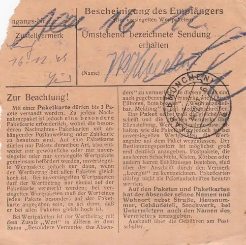 Carte de paquet 1947: Mühldorf vers Haar avant Munich