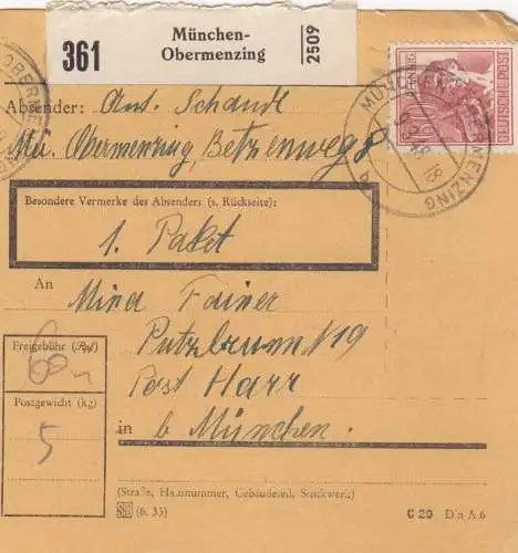 Carte de paquet 1948: Munich-Obermenzing après Haar b. Munich