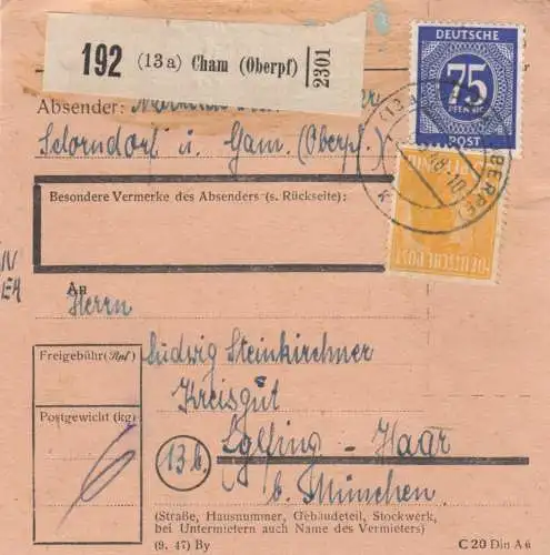 Paketkarte 1948: Cham nach Eglfing-Haar