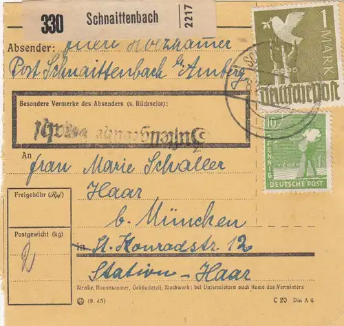 Paketkarte 1948: Schnaittenbach nach Haar b. München, Station Haar