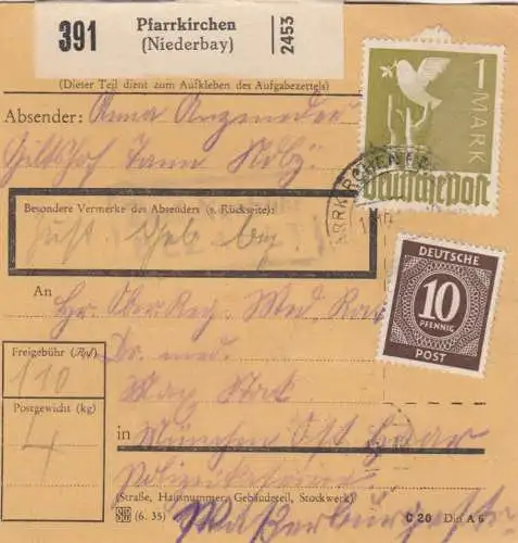 Paketkarte 1947: Pfarrkirchen nach München Haar