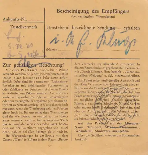 Carte de paquet 1947: Pfarrkirchen vers Munich Haar