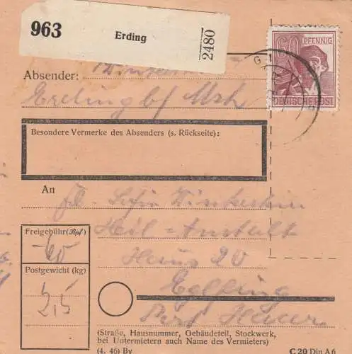 Paketkarte 1948: Erding nach Eglfing Heilanstalt