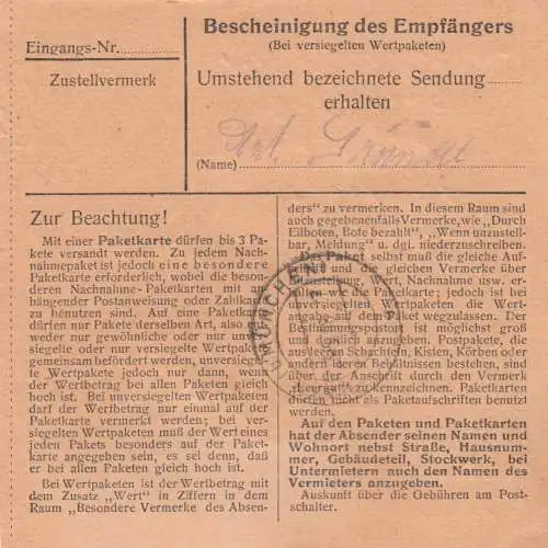 Paketkarte 1948: Erding nach Eglfing Heilanstalt