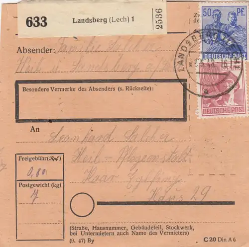 Paketkarte 1948: Landsberg nach Haar, Heil- und Pflegeanstalt