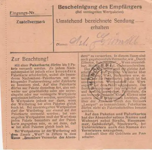 Paketkarte 1948: Landsberg nach Haar, Heil- und Pflegeanstalt