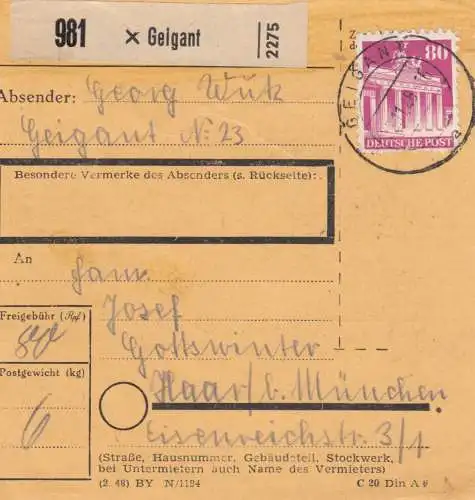 Carte de paquet BiZone 1948: Geigant après Haar Munich