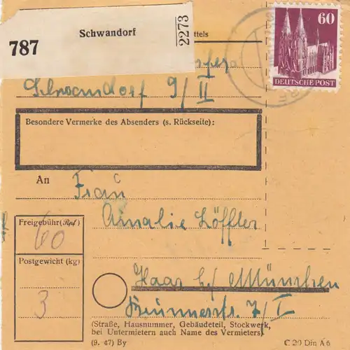 Carte de paquet BiZone 1948: Schwandorf par Haar