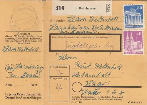 BiZone Paketkarte 1948: Haimhausen nach Haar, Heilanstalt