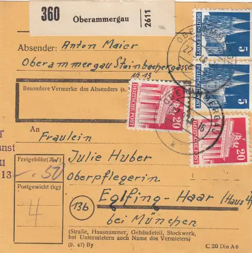 BiZone Paketkarte 1948: Oberammergau nach Eglfing-Haar, Pflegerin