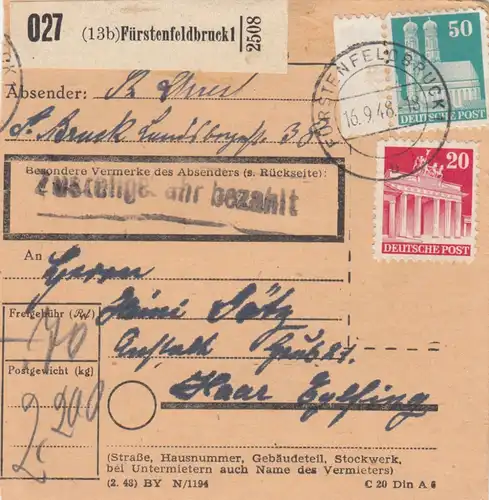 Carte de paquet BiZone 1948: Fürstenfeldbruck après Haar Eglfing