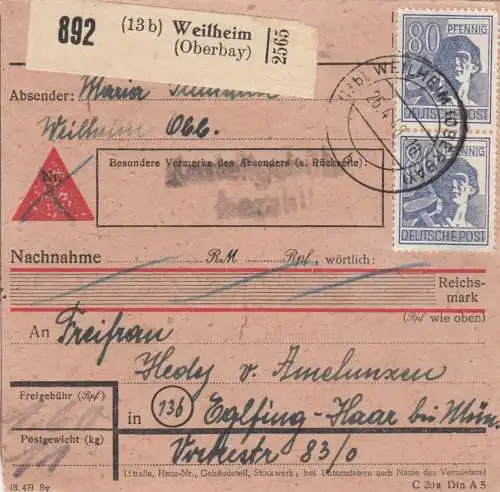 Carte de paquet 1948: Weilheim (Oberbay.) vers Eglfing-Haar