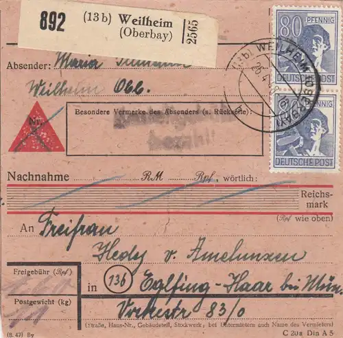 Paketkarte 1948: Weilheim (Oberbay.) nach Eglfing-Haar