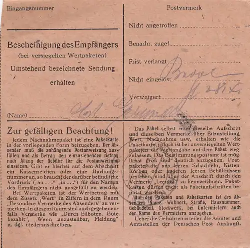 Carte de paquet 1948: Weilheim (Oberbay.) vers Eglfing-Haar