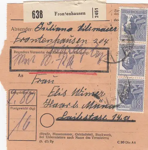 Paketkarte: Frontenhausen nach Haar, Wertpaketkarte