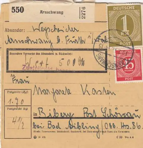 Carte paquet 1947: Arnschwang vers Biberg, carte de paquet de valeur