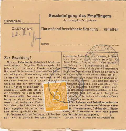Carte paquet 1947: Arnschwang vers Biberg, carte de paquet de valeur