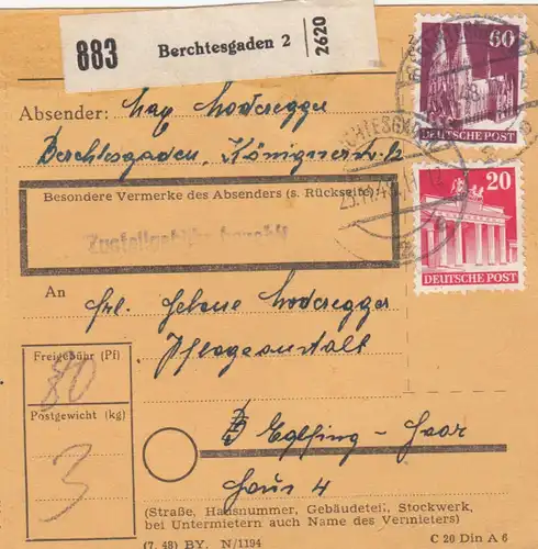 Carte de paquet BiZone 1948: Berchtesgaden vers Eglfing-Haar