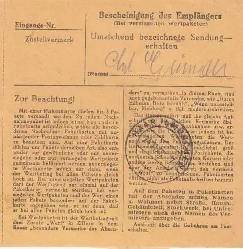 BiZone Paketkarte 1948: Berchtesgaden nach Eglfing-Haar