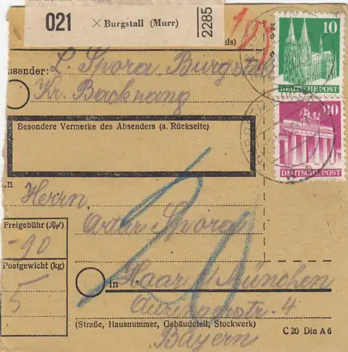 Carte de paquet BiZone 1948: château (Murr) après Haar, Munich