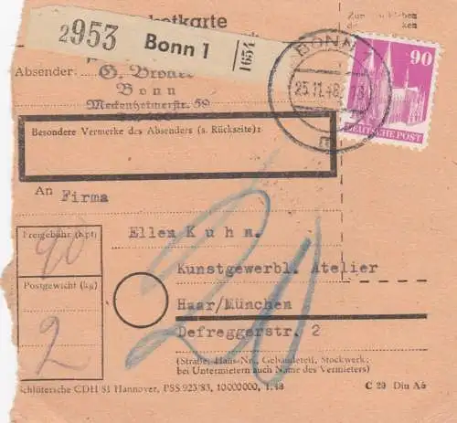 BiZone Paketkarte 1948: Bonn nach Haar, Nachgebühr