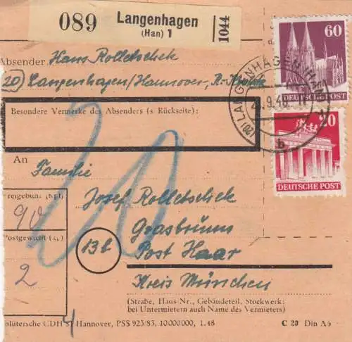 BiZone Paketkarte 1948: Langenhagen nach Haar Kreis München