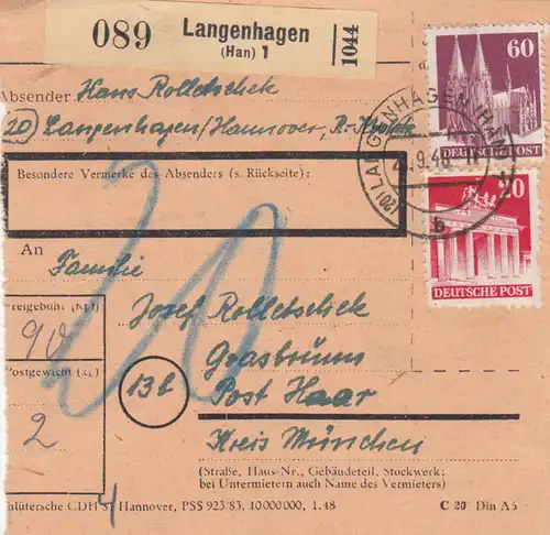 Carte de paquet BiZone 1948: Langenhagen après Haar Kreis Munich