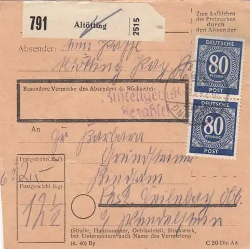 Carte de paquet 1947: Altötting vers Bad Feilnbach