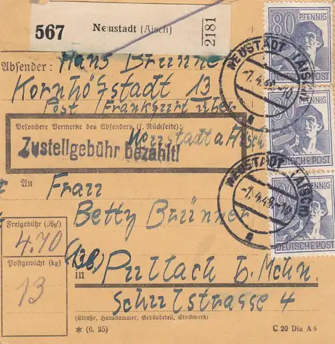 Paketkarte 1948: Neustadt nach Pullach bei München