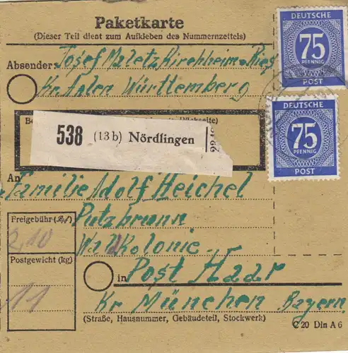 Paketkarte 1948: Nördlingen nach Putzbrunn