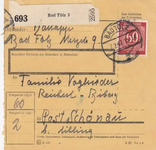 Paketkarte 1947: Bad Tölz nach Post Schönau