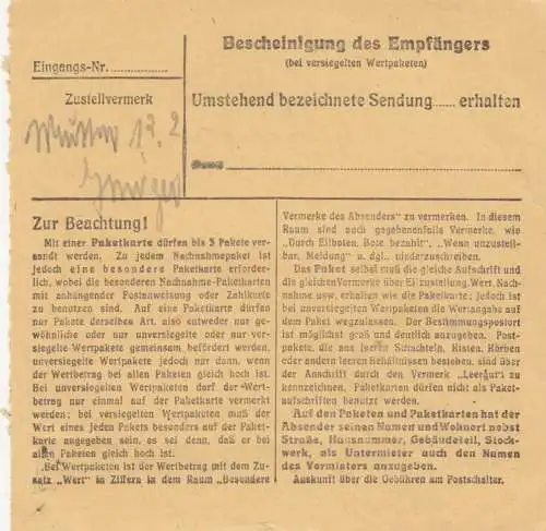 Carte de paquet 1947: Bad Tölz vers Post Schönau
