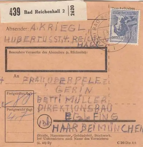 Carte de paquet 1948: Bad Reichenhall d'après Eglfing, Directionsbau