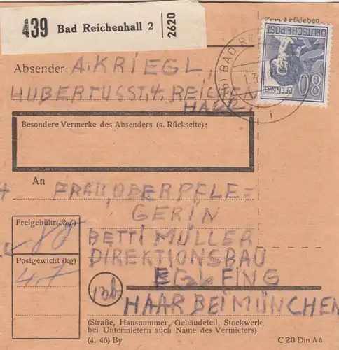 Paketkarte 1948: Bad Reichenhall nach Eglfing, Direktionsbau