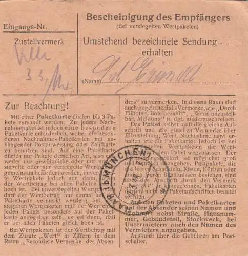 Paketkarte 1948: Bad Reichenhall nach Eglfing, Direktionsbau