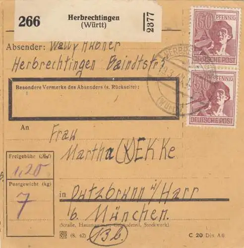 Carte de paquet 1948: Herbrechtingen par Putzbrunn