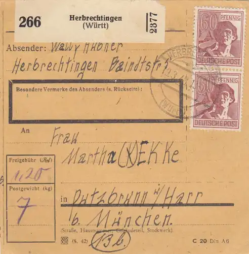 Paketkarte 1948: Herbrechtingen nach Putzbrunn