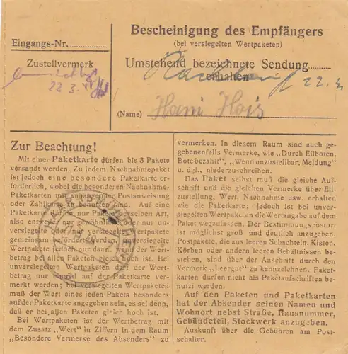 Carte de paquet 1948: Herbrechtingen par Putzbrunn