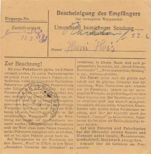 Paketkarte 1948: Herbrechtingen nach Putzbrunn