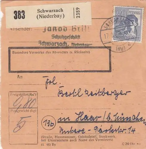 Paketkarte 1948: Schwarzach nach Haar bei München