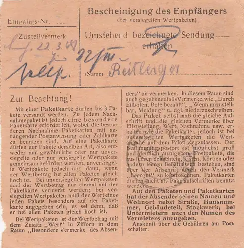 Carte de paquet 1948: Schwarzach après Haar près de Munich