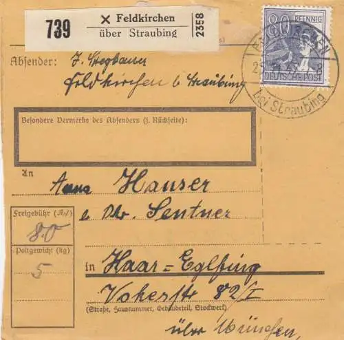 Paketkarte 1947: Feldkirchen nach Haar Eglfing