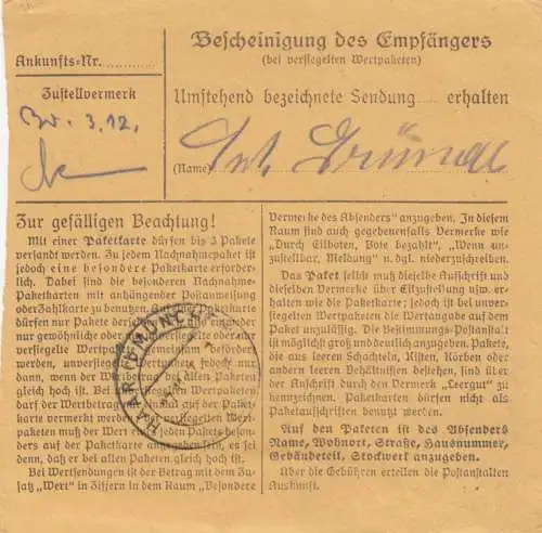 Paketkarte 1947: Feldkirchen nach Haar Eglfing