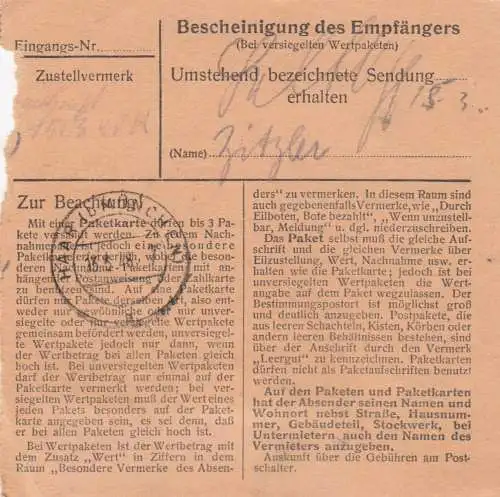 Paketkarte 1948: Schwarzhofen/Nabburg nach Haar/München