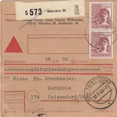 Carte de paquet 1948: Munich vers Teisendorf, carte auto-réservation avec valeur